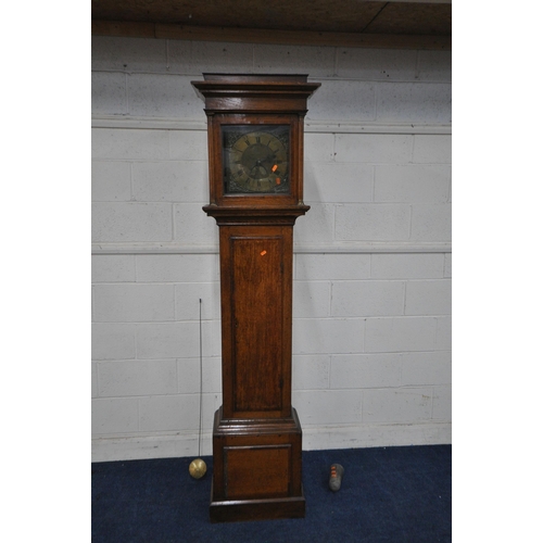 1355 - A GEORGIAN OAK 30 HOUR LONGCASE CLOCK, the box hood enclosing a brass 10 inch dial, depicting Roman ... 