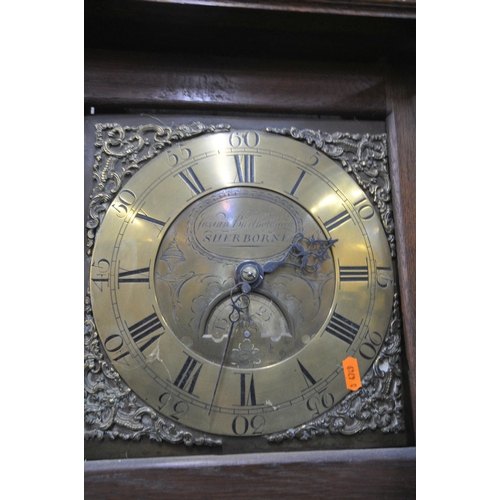 1355 - A GEORGIAN OAK 30 HOUR LONGCASE CLOCK, the box hood enclosing a brass 10 inch dial, depicting Roman ... 