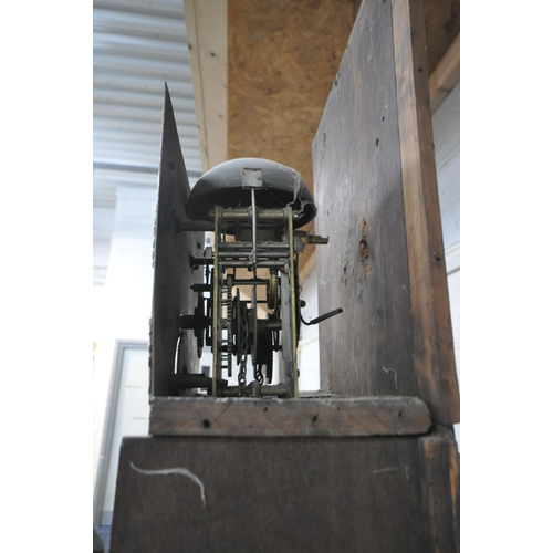 1355 - A GEORGIAN OAK 30 HOUR LONGCASE CLOCK, the box hood enclosing a brass 10 inch dial, depicting Roman ... 