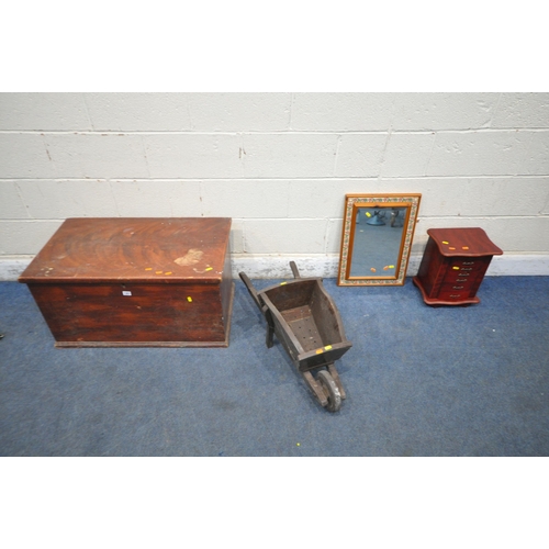 1357 - A STAINED PINE BLANKET CHEST, width 84cm x depth 49cm x height 45cm, a small decorative wheel barrow... 