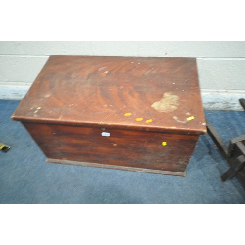 1357 - A STAINED PINE BLANKET CHEST, width 84cm x depth 49cm x height 45cm, a small decorative wheel barrow... 