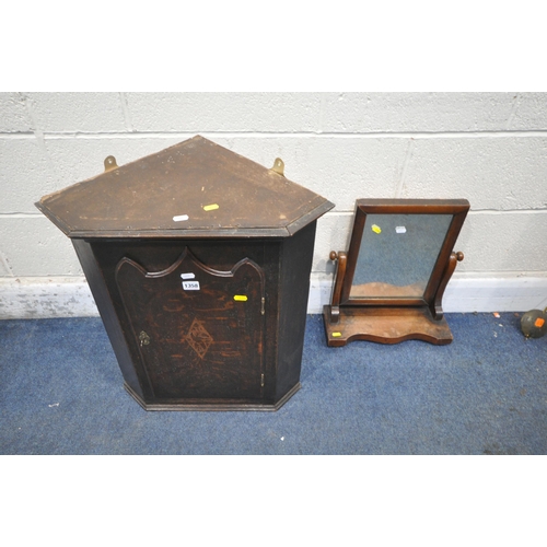 1358 - A SMALL GEORGIAN OAK HANGING CORNER CUPBOARD, along with a dressing table mirror (condition report: ... 