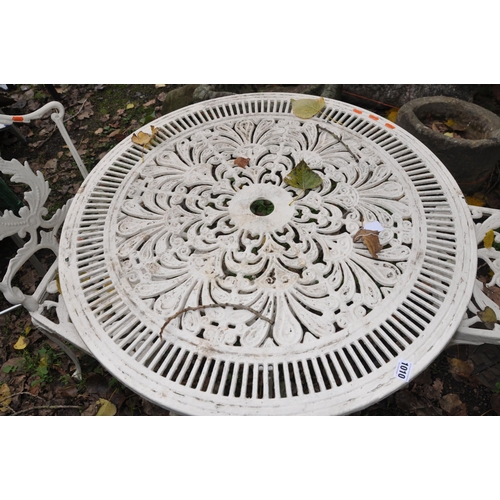 1010 - A CAST ALUMINIUM GARDEN TABLE, diameter 80cm, and two similar chairs (3)