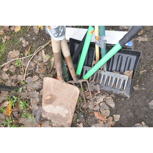 1011 - AN ALUMINIUM STEP LADDER AND GARDEN TOOLS including snow shovel, spades, forks and two packs of reed... 