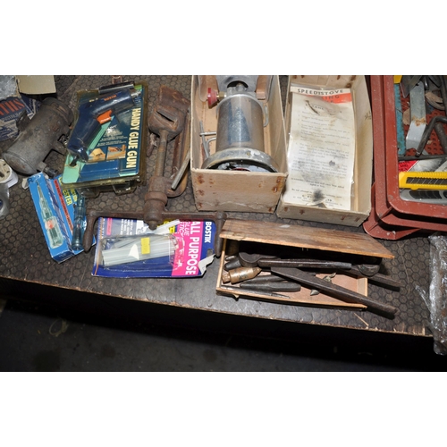 1053 - A COLLECTION OF AUTOMOTIVE TOOLS AND PARTS including a vintage RAC first aid kit, Lucas indicators o... 