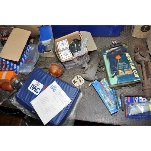 1053 - A COLLECTION OF AUTOMOTIVE TOOLS AND PARTS including a vintage RAC first aid kit, Lucas indicators o... 