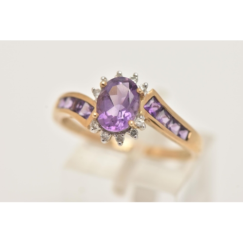 1 - A 9CT GOLD AMETHYST AND DIAMOND DRESS RING, set with a central oval cut amethyst, in a surround of s... 