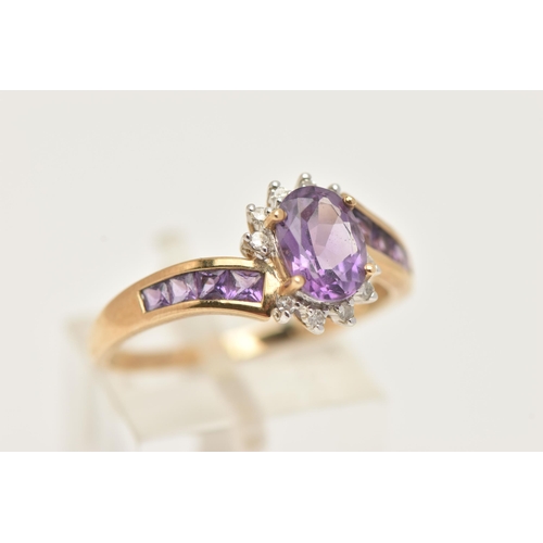 1 - A 9CT GOLD AMETHYST AND DIAMOND DRESS RING, set with a central oval cut amethyst, in a surround of s... 