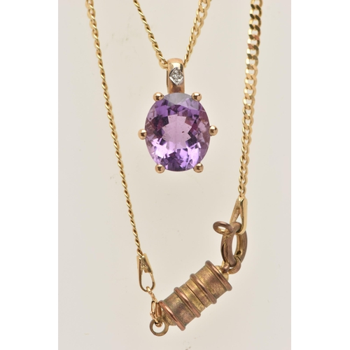 16 - A 9CT GOLD AMETHYST AND DIAMOND PENDANT WITH CHAIN, the pendant designed as an oval cut amethyst, in... 