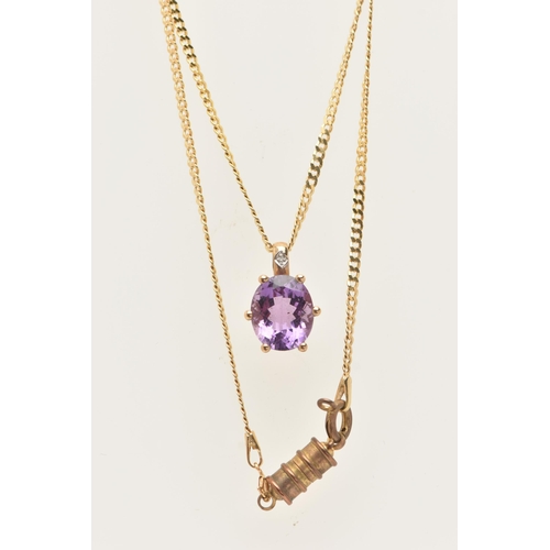 16 - A 9CT GOLD AMETHYST AND DIAMOND PENDANT WITH CHAIN, the pendant designed as an oval cut amethyst, in... 