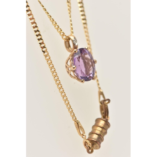 16 - A 9CT GOLD AMETHYST AND DIAMOND PENDANT WITH CHAIN, the pendant designed as an oval cut amethyst, in... 