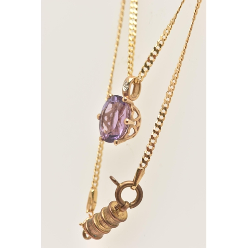 16 - A 9CT GOLD AMETHYST AND DIAMOND PENDANT WITH CHAIN, the pendant designed as an oval cut amethyst, in... 