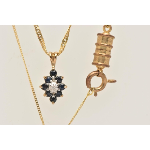 18 - TWO PENDANT NECKLACES, the first a blue sapphire and diamond cluster pendant, fitted with a split V ... 