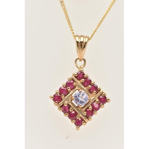 18 - TWO PENDANT NECKLACES, the first a blue sapphire and diamond cluster pendant, fitted with a split V ... 