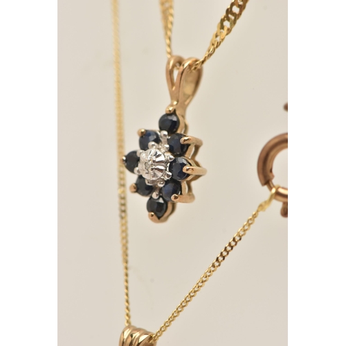 18 - TWO PENDANT NECKLACES, the first a blue sapphire and diamond cluster pendant, fitted with a split V ... 