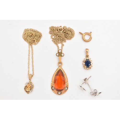 22 - A SMALL ASSORTMENT OF JEWELLERY, to include a yellow metal Citrine and diamond pendant, unmarked, su... 