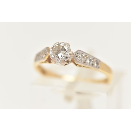 25 - AN 18CT GOLD DIAMOND RING, set with a central round brilliant cut diamond, in a six claw setting (cl... 