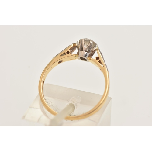 25 - AN 18CT GOLD DIAMOND RING, set with a central round brilliant cut diamond, in a six claw setting (cl... 