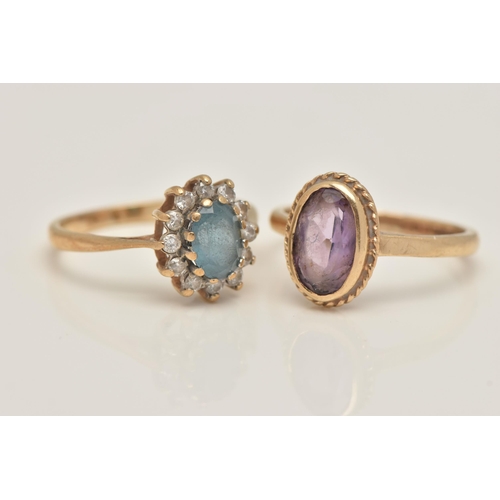 27 - TWO 9CT GOLD GEM SET RINGS, the first set with an oval cut amethyst, collet set with a fine rope twi... 