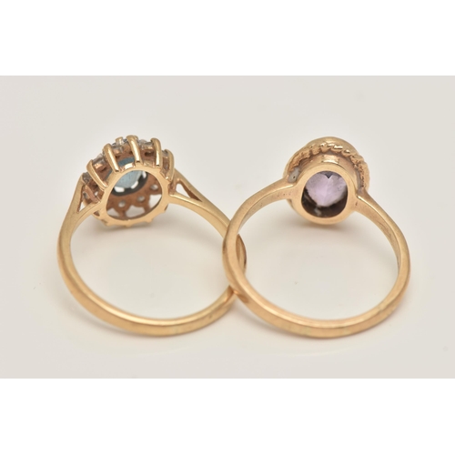 27 - TWO 9CT GOLD GEM SET RINGS, the first set with an oval cut amethyst, collet set with a fine rope twi... 