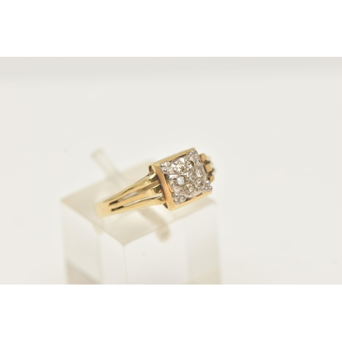 39 - A DIAMOND DRESS RING, the domed square shape diamond set panel set with seven single cut diamonds, g... 