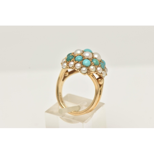 41 - A 1960S 9CT YELLOW GOLD TURQUOISE AND SPLIT CULTURED PEARL BOMBE CLUSTER RING, the cluster is of hex... 