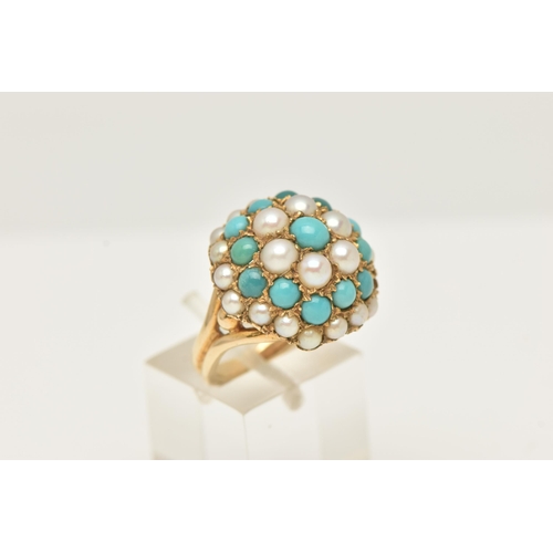 41 - A 1960S 9CT YELLOW GOLD TURQUOISE AND SPLIT CULTURED PEARL BOMBE CLUSTER RING, the cluster is of hex... 