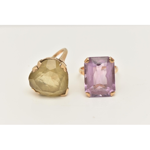 42 - TWO YELLOW METAL GEM SET RINGS, to include an amethyst single stone ring, stamped 9ct, ring size N, ... 