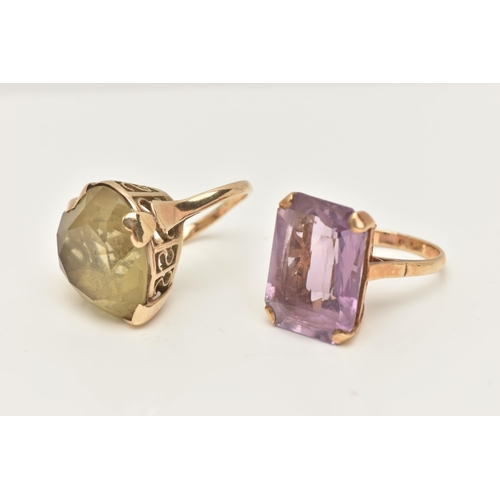 42 - TWO YELLOW METAL GEM SET RINGS, to include an amethyst single stone ring, stamped 9ct, ring size N, ... 