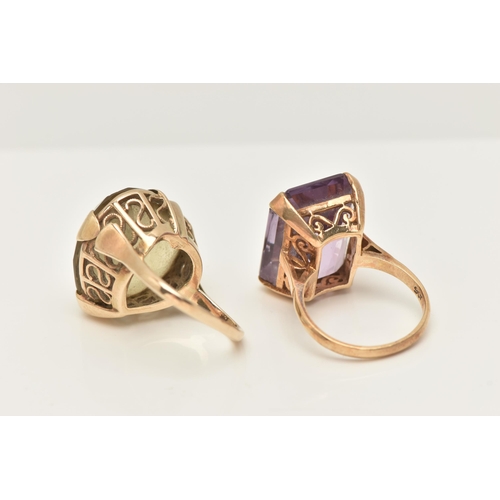 42 - TWO YELLOW METAL GEM SET RINGS, to include an amethyst single stone ring, stamped 9ct, ring size N, ... 