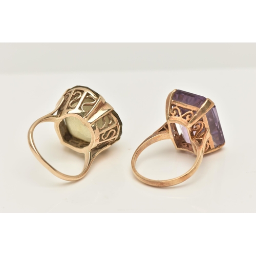 42 - TWO YELLOW METAL GEM SET RINGS, to include an amethyst single stone ring, stamped 9ct, ring size N, ... 