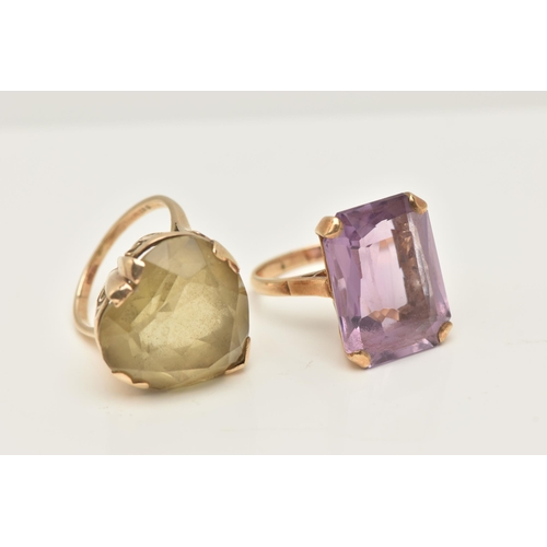 42 - TWO YELLOW METAL GEM SET RINGS, to include an amethyst single stone ring, stamped 9ct, ring size N, ... 