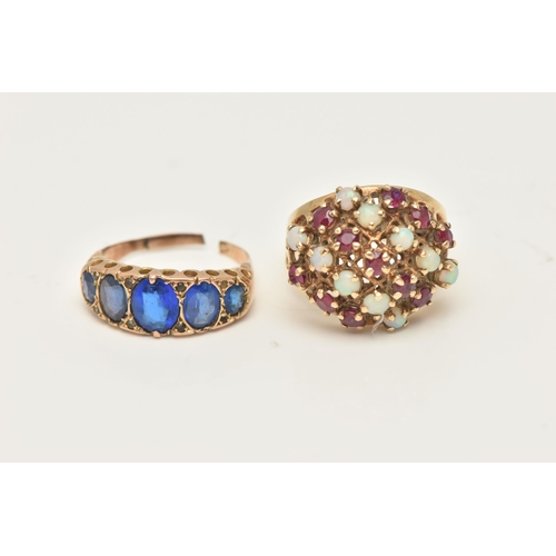 43 - A YELLOW METAL RUBY AND OPAL DRESS RING AND A GARNET TOPPED DOUBLET FIVE STONE RING, the first set w... 