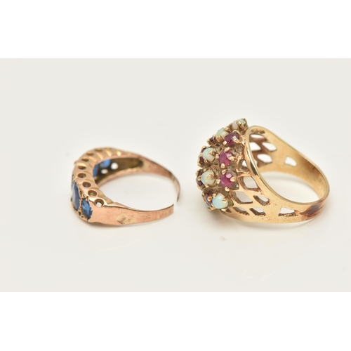 43 - A YELLOW METAL RUBY AND OPAL DRESS RING AND A GARNET TOPPED DOUBLET FIVE STONE RING, the first set w... 