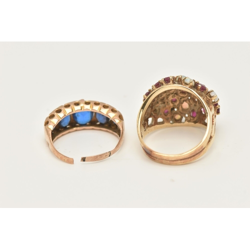 43 - A YELLOW METAL RUBY AND OPAL DRESS RING AND A GARNET TOPPED DOUBLET FIVE STONE RING, the first set w... 