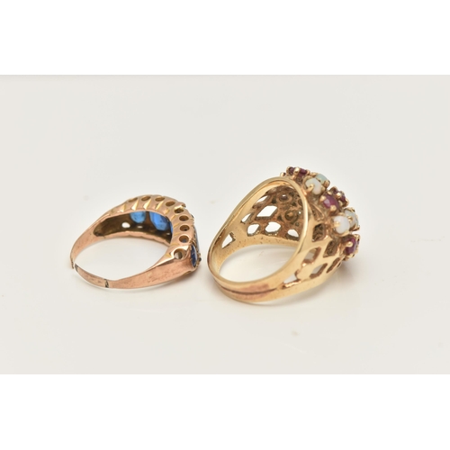 43 - A YELLOW METAL RUBY AND OPAL DRESS RING AND A GARNET TOPPED DOUBLET FIVE STONE RING, the first set w... 