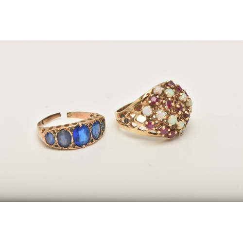 43 - A YELLOW METAL RUBY AND OPAL DRESS RING AND A GARNET TOPPED DOUBLET FIVE STONE RING, the first set w... 