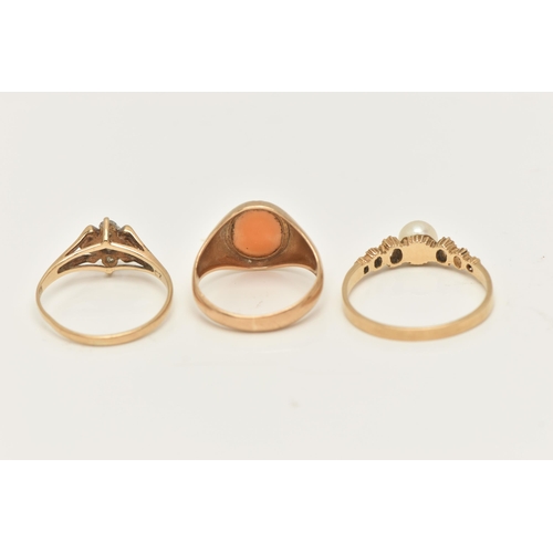 44 - A SELECTION OF THREE 9CT YELLOW GOLD RINGS, to include an amethyst and cubic zirconia cluster ring, ... 