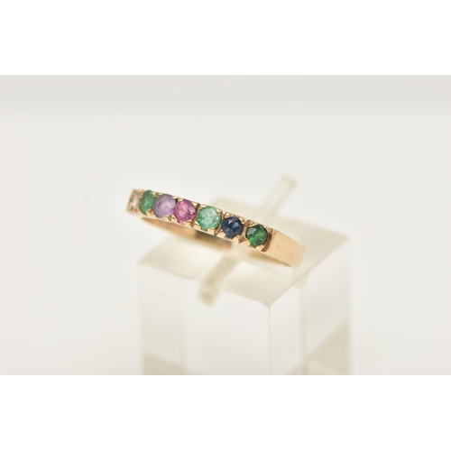 45 - A 9CT YELLOW GOLD 'DEAREST' RING, set with a diamond, emerald, amethyst, ruby, emerald, sapphire and... 