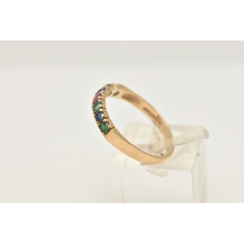 45 - A 9CT YELLOW GOLD 'DEAREST' RING, set with a diamond, emerald, amethyst, ruby, emerald, sapphire and... 