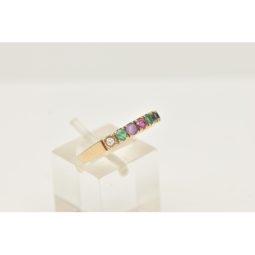 45 - A 9CT YELLOW GOLD 'DEAREST' RING, set with a diamond, emerald, amethyst, ruby, emerald, sapphire and... 