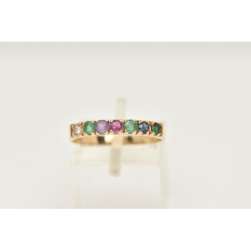 45 - A 9CT YELLOW GOLD 'DEAREST' RING, set with a diamond, emerald, amethyst, ruby, emerald, sapphire and... 