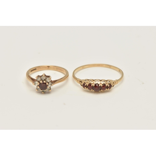 46 - TWO 9CT YELLOW GOLD GARNET DRESS RINGS, to include a garnet five stone ring, together with a garnet ... 