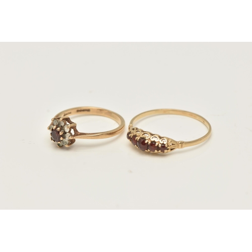 46 - TWO 9CT YELLOW GOLD GARNET DRESS RINGS, to include a garnet five stone ring, together with a garnet ... 