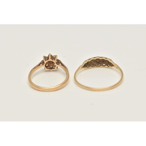 46 - TWO 9CT YELLOW GOLD GARNET DRESS RINGS, to include a garnet five stone ring, together with a garnet ... 