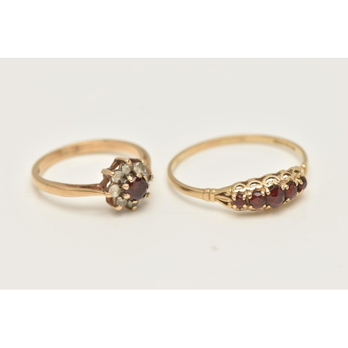 46 - TWO 9CT YELLOW GOLD GARNET DRESS RINGS, to include a garnet five stone ring, together with a garnet ... 