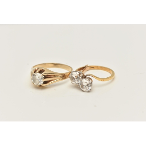 47 - TWO YELLOW METAL RINGS, to include a cubic zirconia single stone ring within an extended eight claw ... 