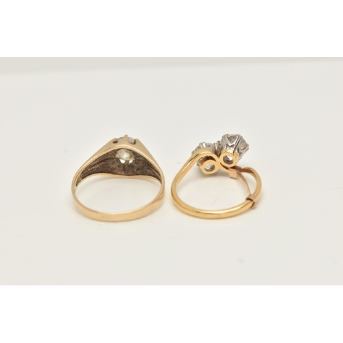 47 - TWO YELLOW METAL RINGS, to include a cubic zirconia single stone ring within an extended eight claw ... 