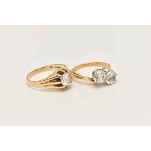 47 - TWO YELLOW METAL RINGS, to include a cubic zirconia single stone ring within an extended eight claw ... 