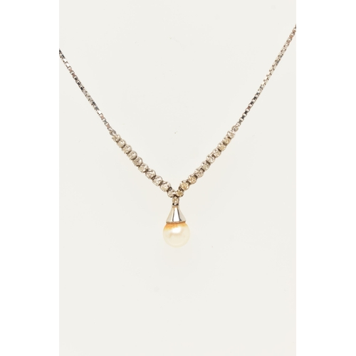 58 - A 1960S WHITE METAL DIAMOND AND CULTURED PEARL NECKLACE, set with a central cultured pearl, measurin... 